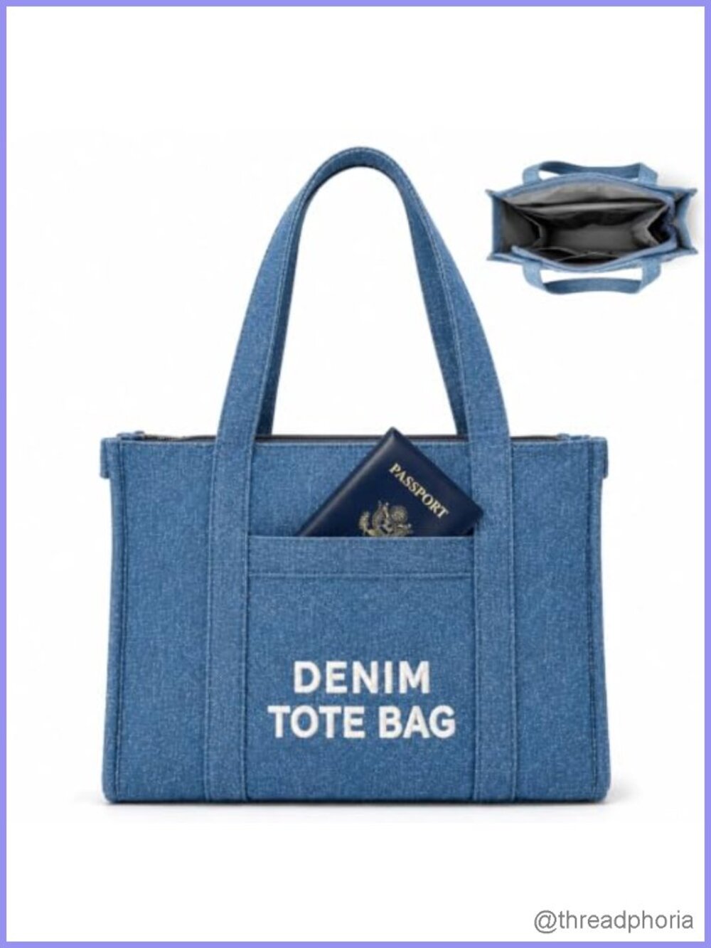 Large Denim Canvas Tote Bag with 12 Pockets & Zipper Shoulder Handbag